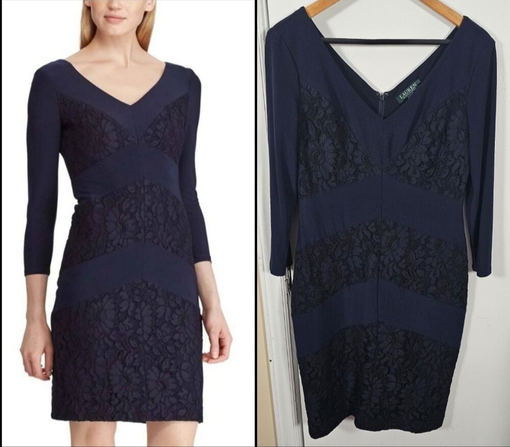 LAUREN Ralph Lauren Navy 3/4-Sleeve Lace Jersey Cocktail Dress Size 8 Classic